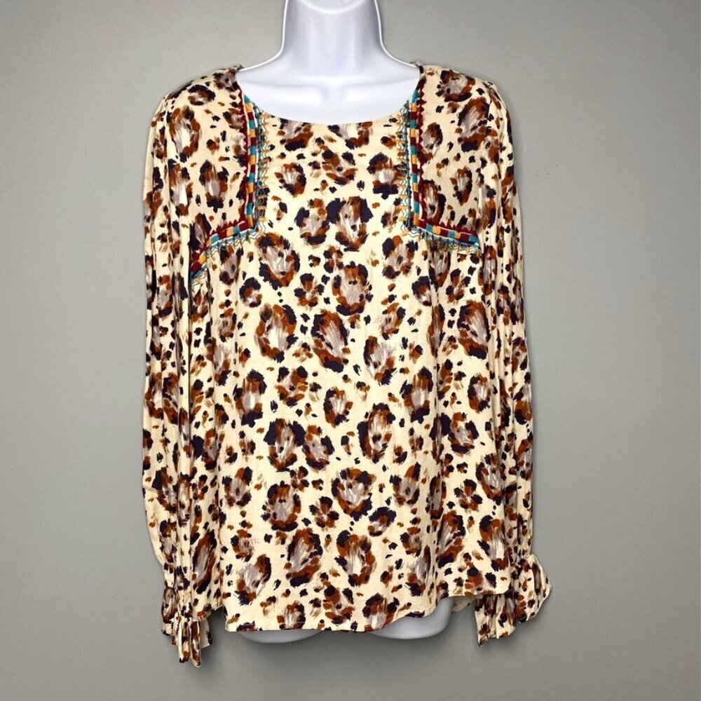 Savanna Jane Western‎ Embroidered Leopard Print Long Sleeve Blouse Size M